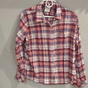 Dickies women's large plaid‎ pink purple white flannel button down